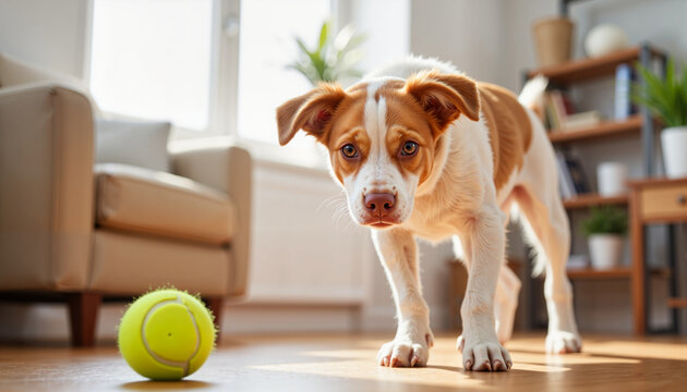 Focused dog gazing at tennis ball indoors, playful anticipation