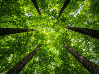 Fototapeta premium Weird angles and unconventional perspectives create unique view of tall tree trunks reaching toward lush green forest canopy