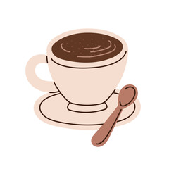 Hot Americano coffee in cup with saucer and spoon. Flat cartoon style vector illustration isolated on white background