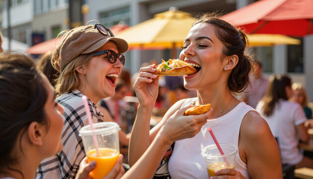 Friends enjoying street food at vibrant food court, lively celebration - Powered by Adobe