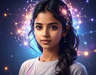 Digital portrait of a young woman with glowing network design