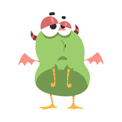 Comic Green Monster Character with Wings and Horns Vector Illustration