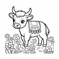 Cute cartoon yak with a saddle standing in a field of flowers isolated on white background