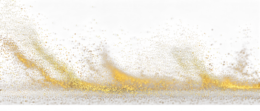 Golden glittering particles swirling and rising in a dynamic flow isolated on transparent background