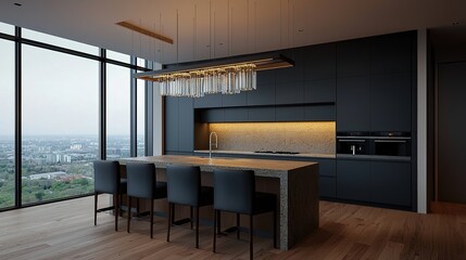 A modern kitchen featuring sleek black cabinetry, a stylish chandelier, and a panoramic city view through large windows.