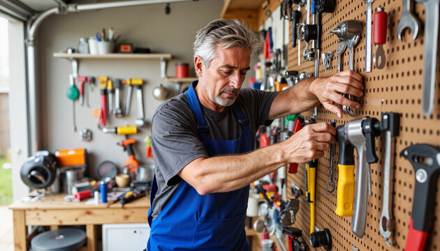 Focused man organizing tools on pegboard in garage, tool storage solutions