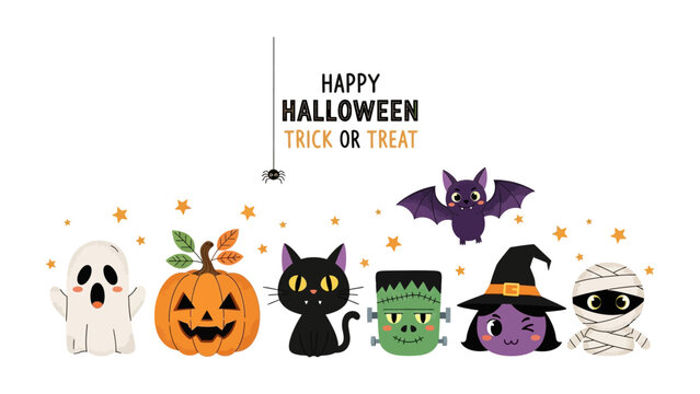 Happy Halloween Characters : A whimsical and spooky illustration featuring a delightful assortment of Halloween characters, celebrating the festive spirit with joy and charm.