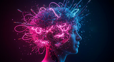 An artistic digital painting of a human head bursting, transformed into a tangled explosion of multi-colored wires