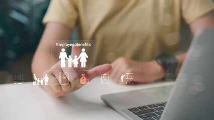Employee benefits concept with person selecting digital icon of family, finance, and healthcare. Suitable for HR management, corporate culture, compensation, and workplace wellness solutions.