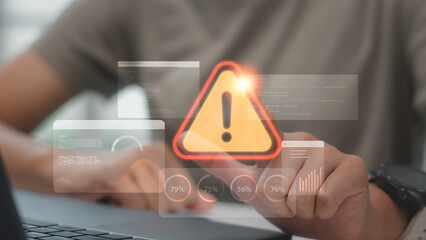 System warning and data risk alert with digital dashboard and caution icon. Suitable for IT monitoring, cybersecurity threat, error alert, risk management, and data protection solutions.