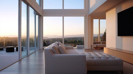A modern living room with panoramic windows offering a stunning sunset view, highlighting contemporary design and spaciousness.