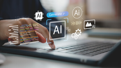 Obraz na płótnie Canvas Hand using laptop with AI interface and code on virtual screen, representing generative AI, prompt engineering, artificial intelligence development, automation, and machine learning technology.
