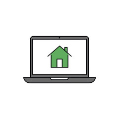 Illustration of a green house icon displayed on a laptop screen, representing home technology or online property services