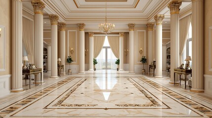 A luxurious interior space featuring elegant columns, marble flooring, and ornate decor, showcasing a grand aesthetic in a well-lit environment.