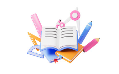 Cartoon books , pencil, rulers and so on stationery, 3d rendering.