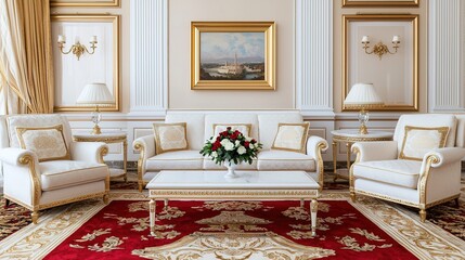 Elegant living room featuring white furniture, gold accents, a floral centerpiece, and a classic painting, creating a luxurious atmosphere.