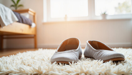 Casual shoes resting on a rug in a modern bedroom, comfort at home