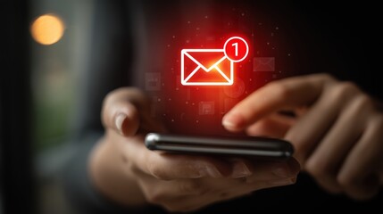 Hand uses a phone showing a red email notification bubble. Ideal for mobile communication, push alerts, newsletters, and slides about messaging, engagement, sending and customer care.