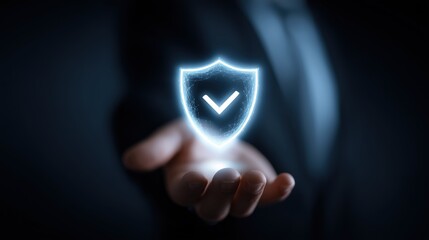 Close-up hand presents a glowing shield with a check mark on a dark interface. Ideal for cybersecurity, verification, data protection, compliance pages, onboarding guides, presentations, websites