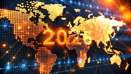 Glowing world map with orange pixelated continents and the year two thousand twenty six displayed