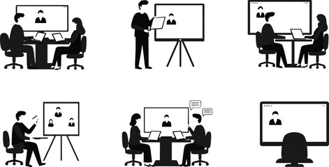 Virtual meeting vector illustration, online learning, remote collaboration, video call, digital communication, business training, teamwork, education, black white design