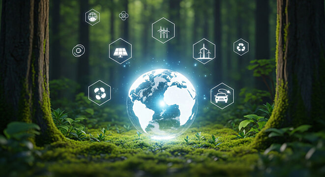Ecological Globe and Sustainability Icons in Forest - Powered by Adobe