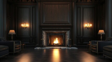A cozy, dimly lit interior featuring a fireplace, dark wooden walls, elegant lamps, and comfortable seating, creating a warm and inviting atmosphere.