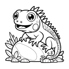 Cute cartoon iguana sitting on a rock with plants isolated on white background