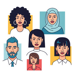 Diverse group of six people's bust portraits, featuring men and women of various ethnicities and hairstyles, depicted in a modern flat vector illustration style.