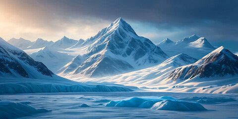 Majestic snow covered mountains under a dramatic sky