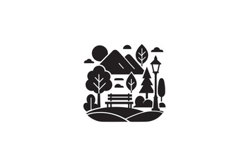 Nature scenery leaf, bench, mountains, park and lantern landscape vector image made by adobe illustrator. eps