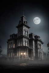 Haunted Victorian Mansion on a Foggy Night.