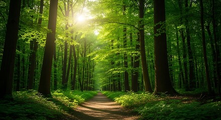 Fototapeta premium Sunlit Forest Path Through Lush Trees.