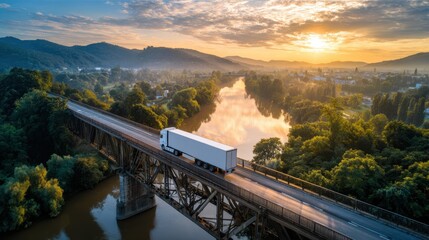 Obraz premium Aerial View of a Truck Crossing a Bridge at Sunset with Serene River and Lush Landscape in the Background