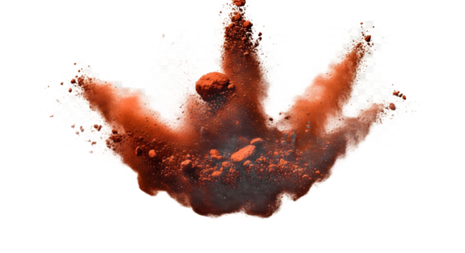 Earthy terracotta colored clay powder explosion with flying particles. Dynamic splash captured in stop motion, isolated on white