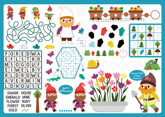 Vector dwarf village placemat. Forest gnome printable activity mat with maze, crossword puzzle, shadow match, find difference. Cute fairytale play mat, menu, kids magazine spreadsheet