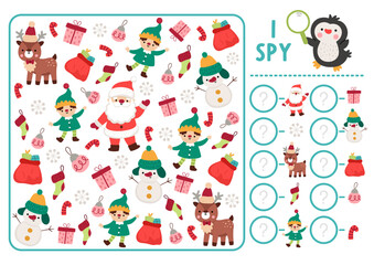 Christmas I spy game for kids. Searching and counting activity with Santa Claus, deer, elf, snowman. New Year printable worksheet for preschool children. Simple winter holiday spotting puzzle