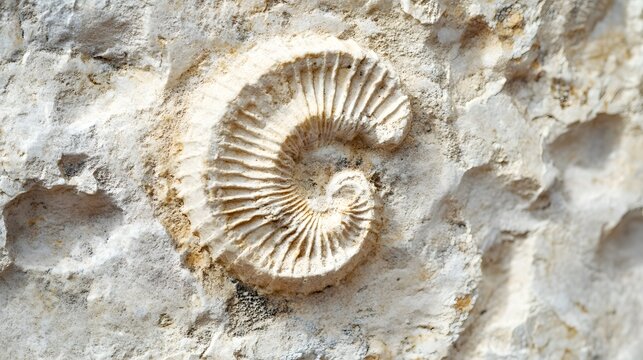 Photograph of a nautilus fossil embedded in textured white rock.