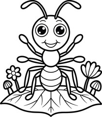 Cute cartoon ant with flowers and leaf isolated on white background