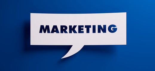 White speech bubble with the word marketing in front of a blue colored wall - 3D illustration