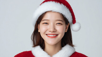 A young woman wearing a festive red Santa hat and fluffy white collar coat celebrating the Christmas holiday season in a bright studio setting