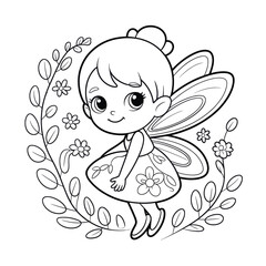 Cute cartoon fairy with wings and flowers in a floral wreath isolated on white background