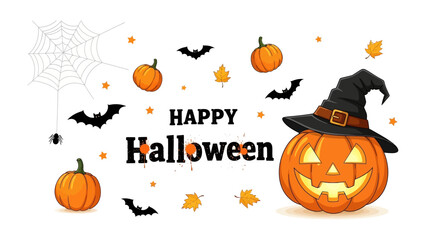 Spooky Pumpkin's Halloween Invitation: An artistically rendered jack-o'-lantern, crowned with a witch's hat, radiates Halloween spirit with playful elements.