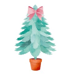 christmas tree isolated on white, Watercolor painting of a small Christmas tree in a terracotta pot. The tree has a soft, blue-green hue and is topped with a large