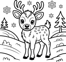 Cute cartoon reindeer with antlers and spots in a snowy forest scene isolated on white background