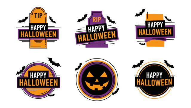 Festive Halloween Emblems: A collection of creative Halloween emblems are designed to capture the holiday's spooky spirit, featuring playful text and design.