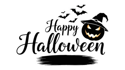Happy Halloween: Festive vector design with grinning Jack-o'-lantern in witch hat, silhouetted bats. perfect for greetings.