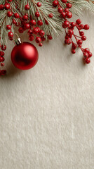 A close-up of frosted pine branches decorated with vibrant red berries creating a festive and cozy Christmas holiday atmosphere