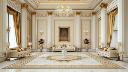 A luxurious, elegantly furnished interior featuring ornate decor, a grand chandelier, and a sophisticated atmosphere.