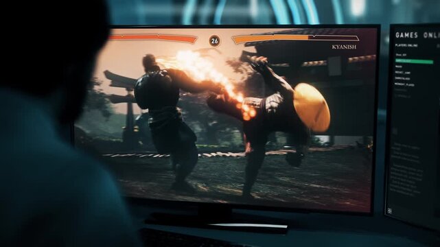 Player Achieves Victory Over Enemy In Fighting Game On Computer Screen. Player Wins Challenging Round Of Fighting Game. Player Controls Ninja Character In Fighting Video Game. Strong Kicks And Punches